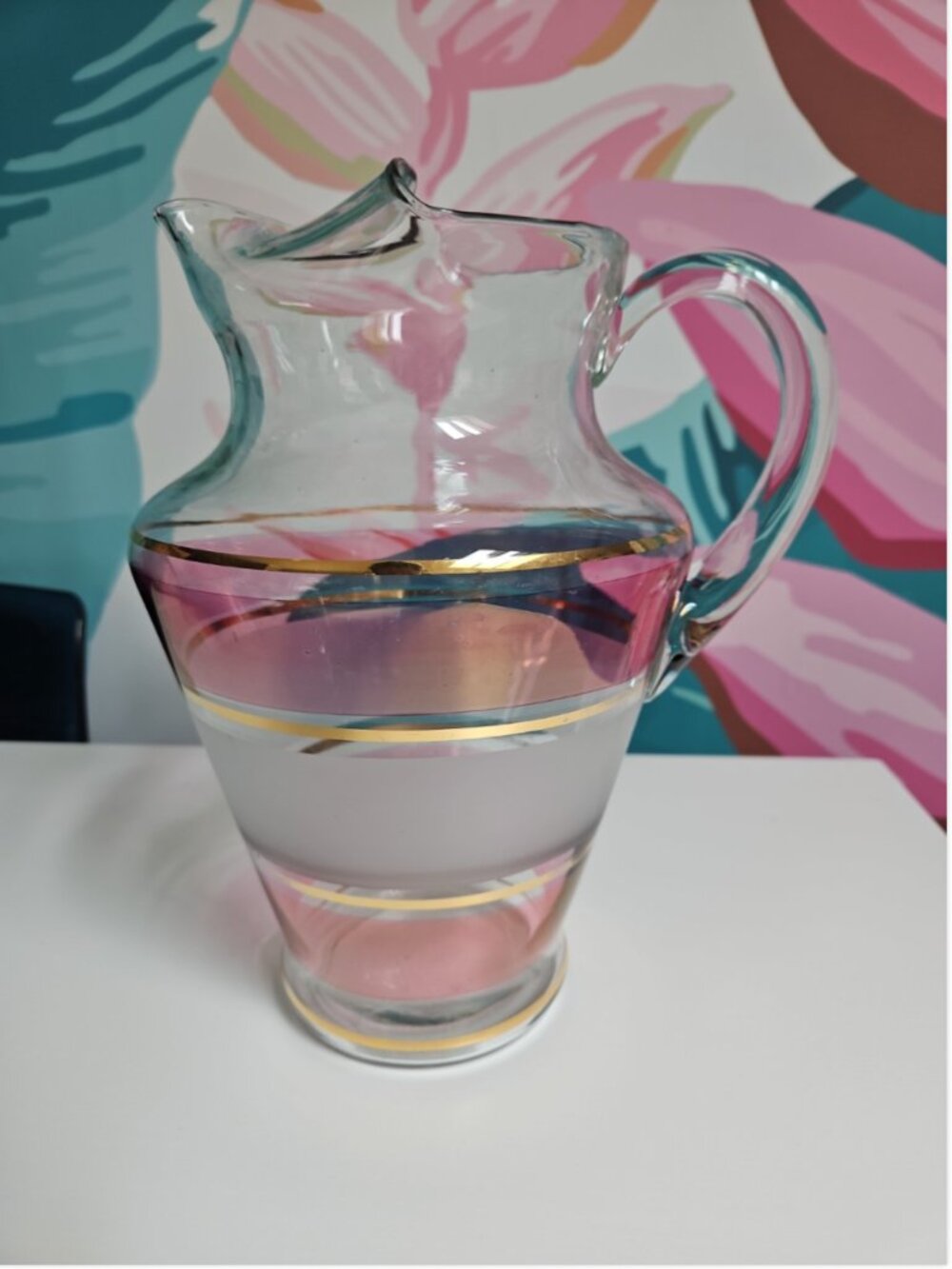 Vintage MCM Banded Handled Glass Water Pitcher Pink Satin Gold Clear Ice Lip